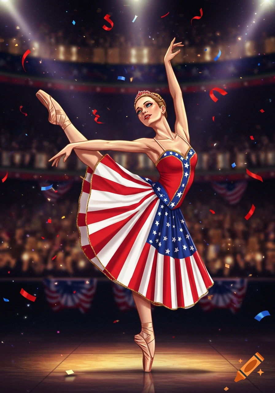 An illustration of a ballerina in an American flag dress on a stage with confetti.