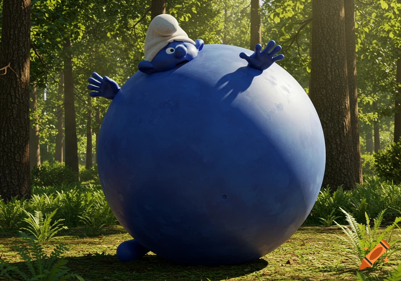 A giant, inflated blue Smurf looking nervous in a forest, 3D rendering
