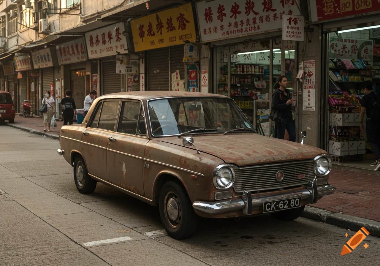 A slightly rusty car parked on an urban street with shops and people in the background.