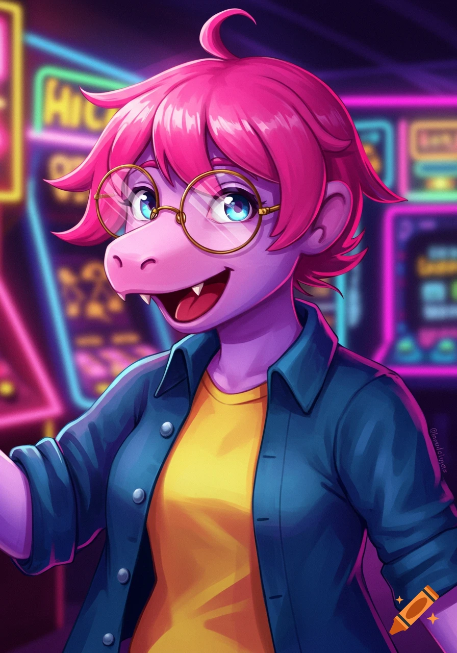 A pink character with glasses smiles in a neon-lit arcade.
