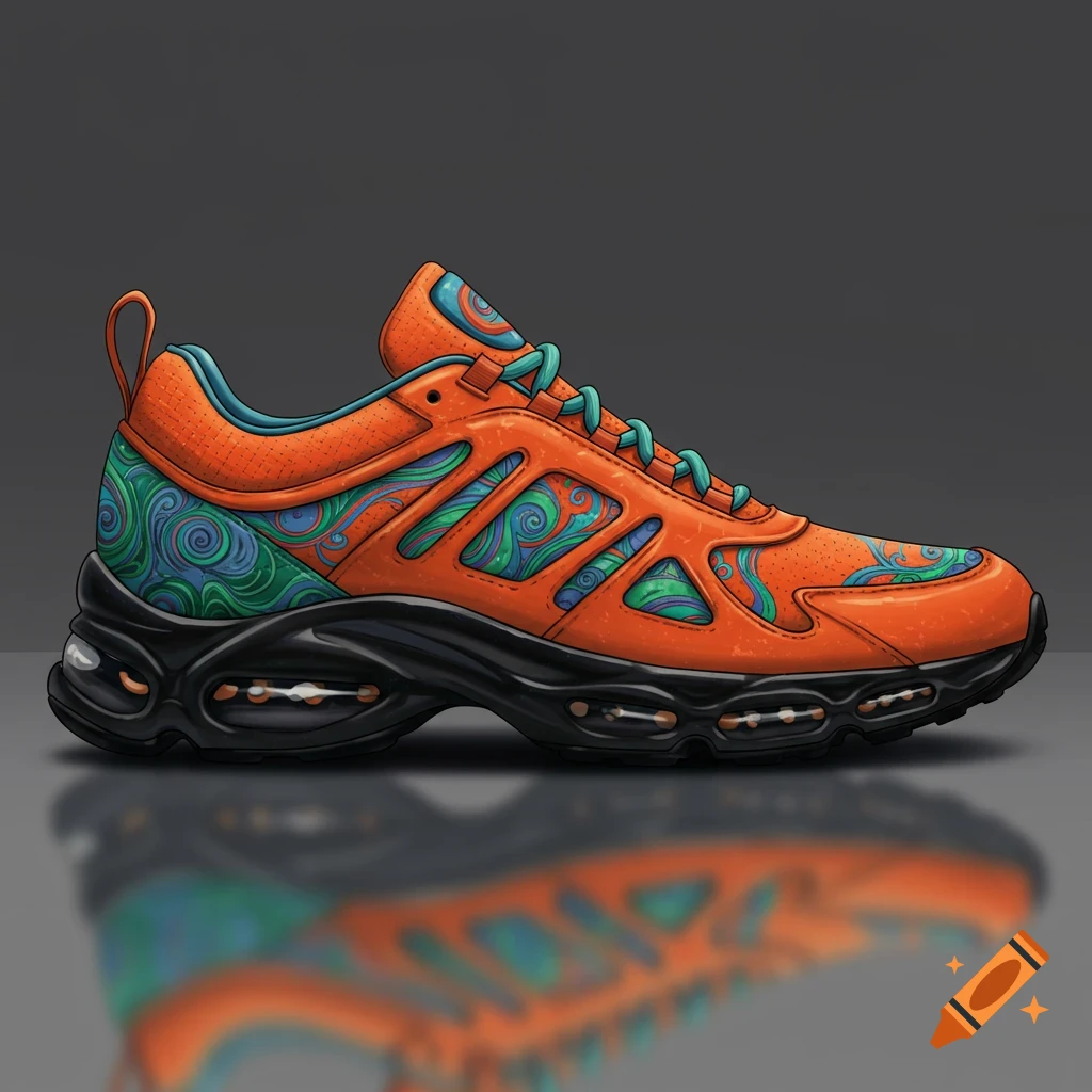Illustration of an orange and green sneaker reflected on a dark surface.