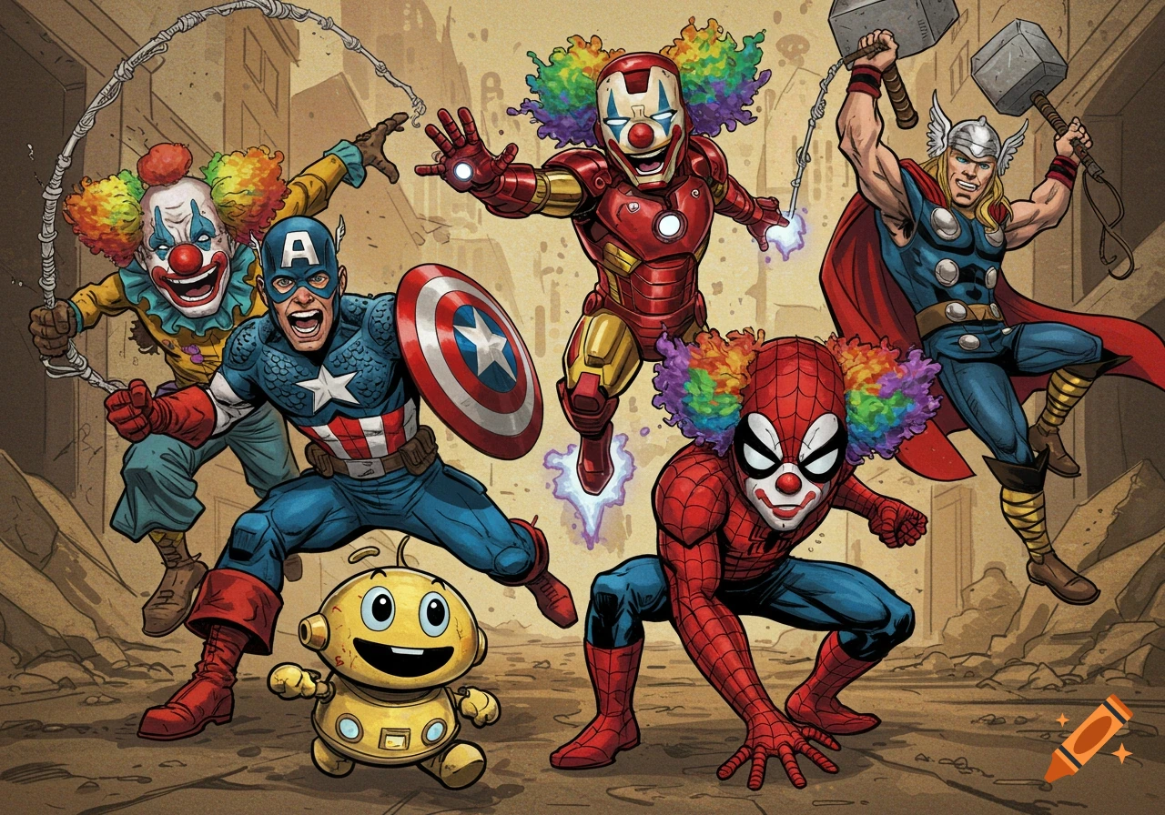Comic illustration of Captain America, Iron Man, Spider-Man, and Thor in clown makeup with a robot.