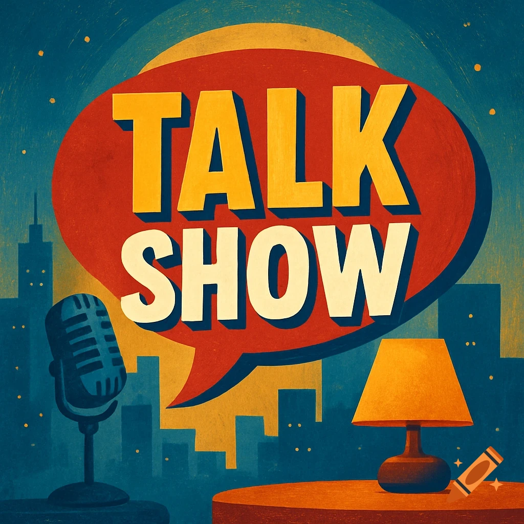 Retro title card with 'TALK SHOW' in a speech bubble, microphone, lamp, and city skyline.