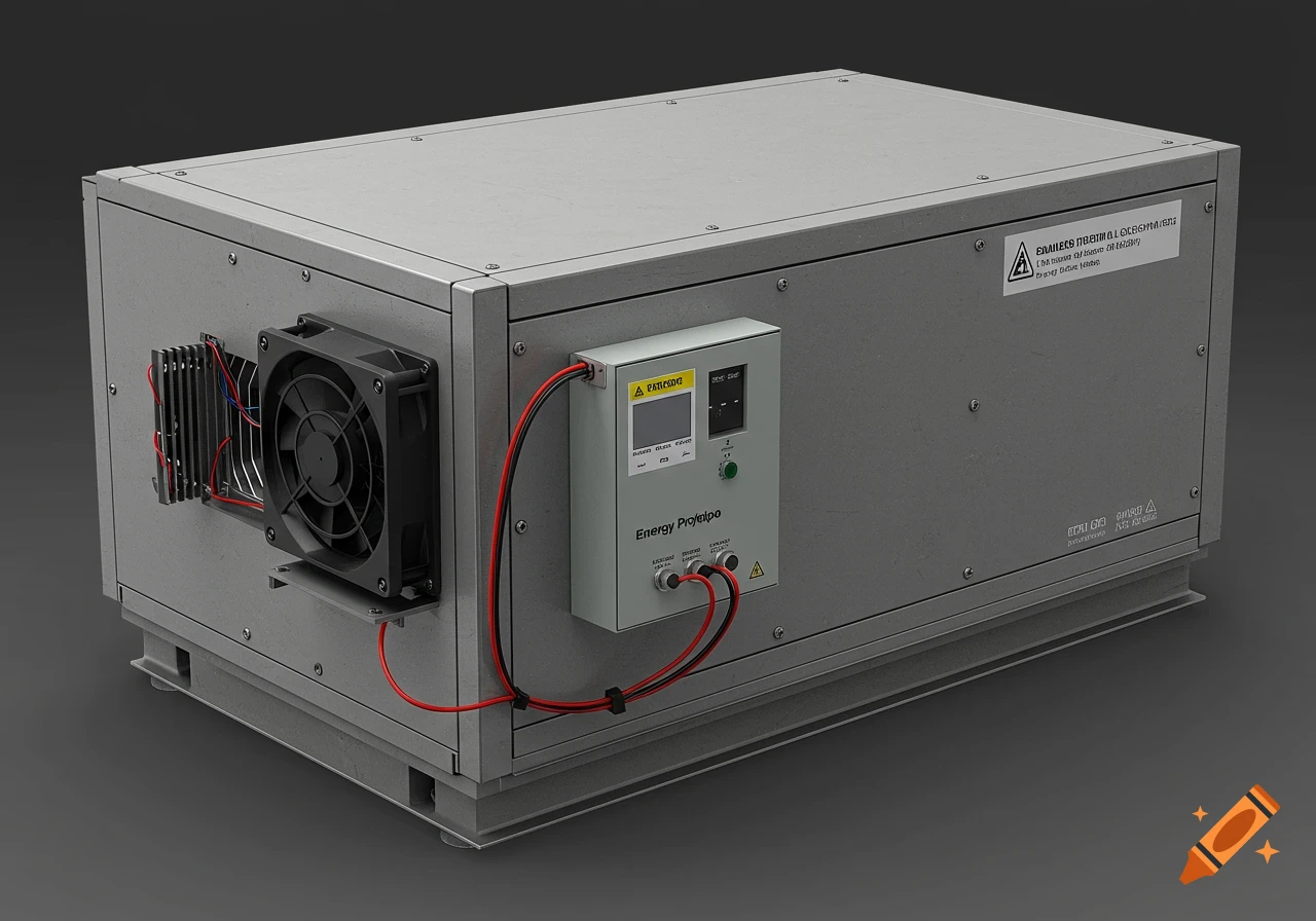 A semi-realistic 3D render of a grey rectangular energy device prototype with a fan and control panel.
