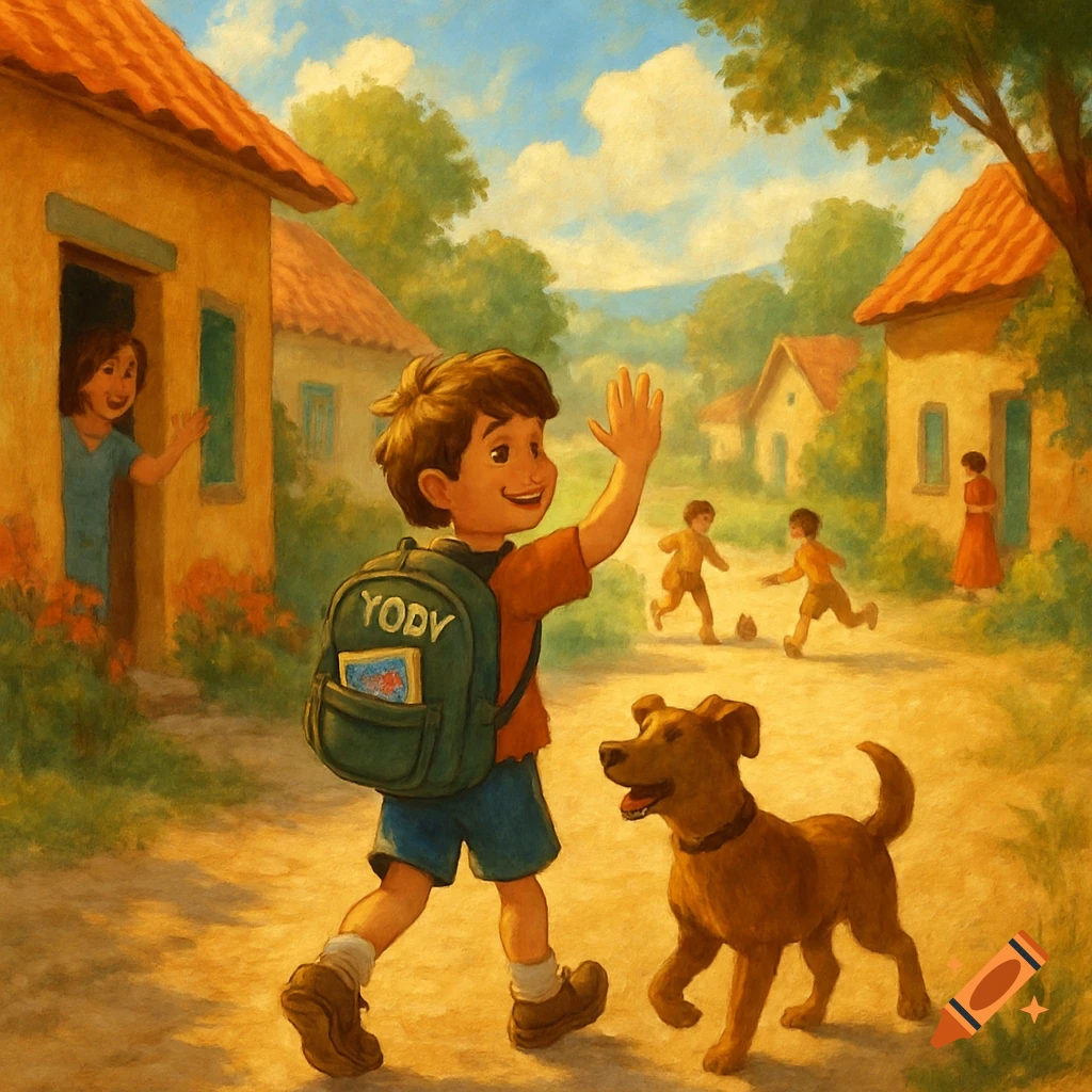 Painted illustration of a boy with a backpack and dog walking on a dirt road in a village, waving at neighbors.
