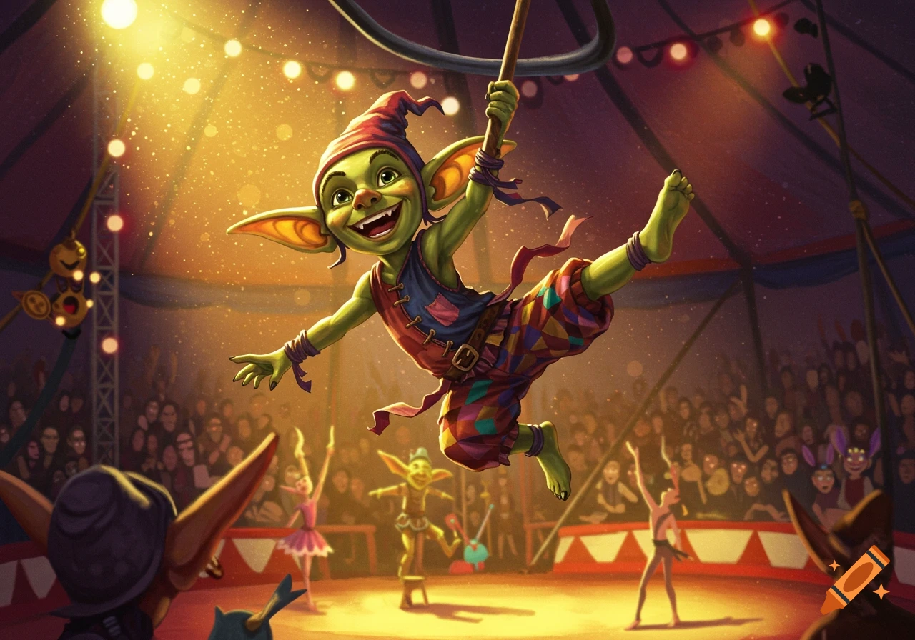A smiling green goblin acrobat swings on a trapeze in a circus tent.