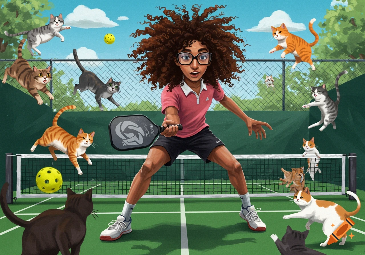 Illustration of a person playing pickleball on a court surrounded by many cats.