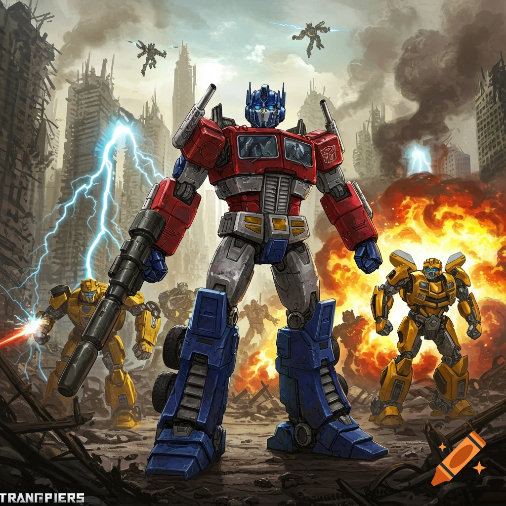 Illustration of Optimus Prime and Bumblebee battling in a destroyed city with explosions.