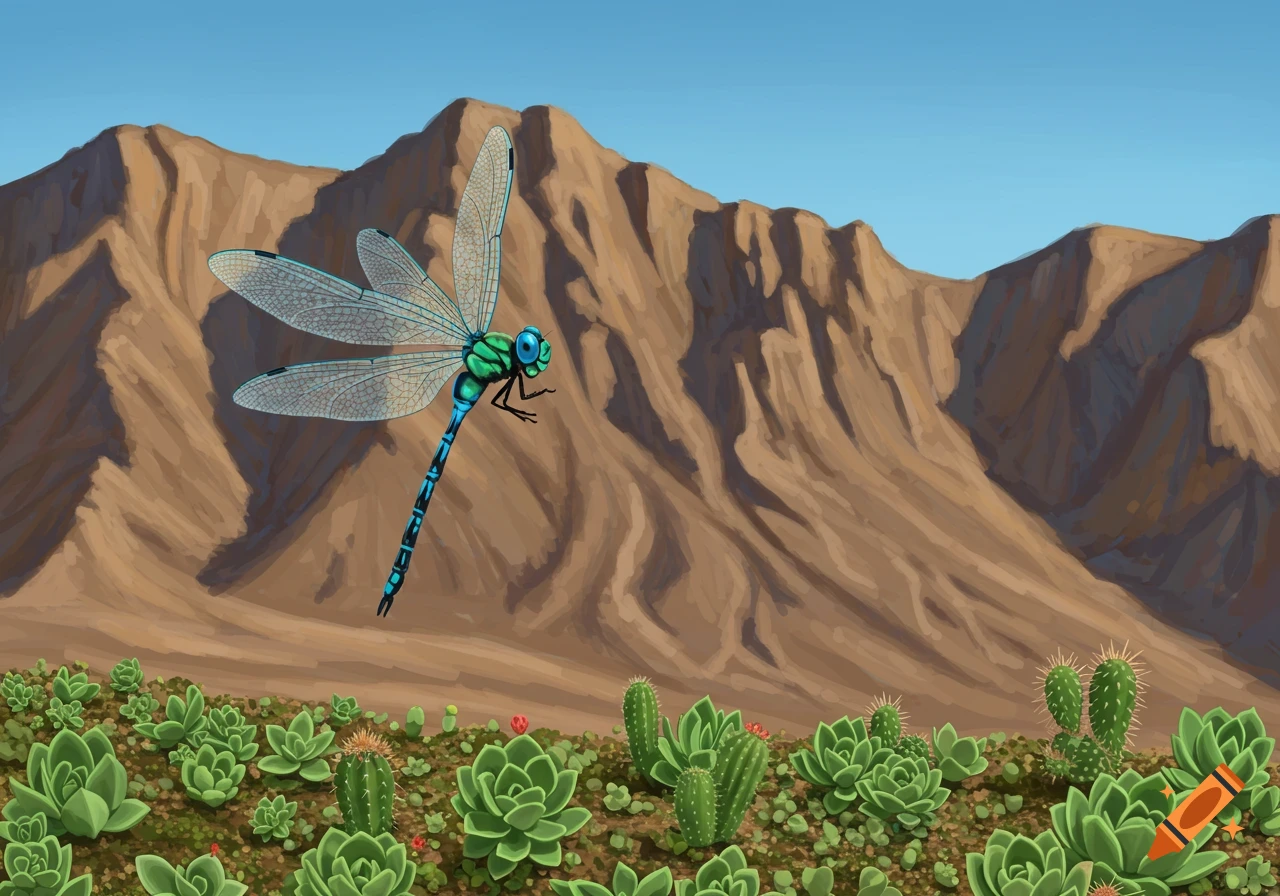 A blue and green dragonfly flies over succulents and cacti in a desert landscape with mountains.