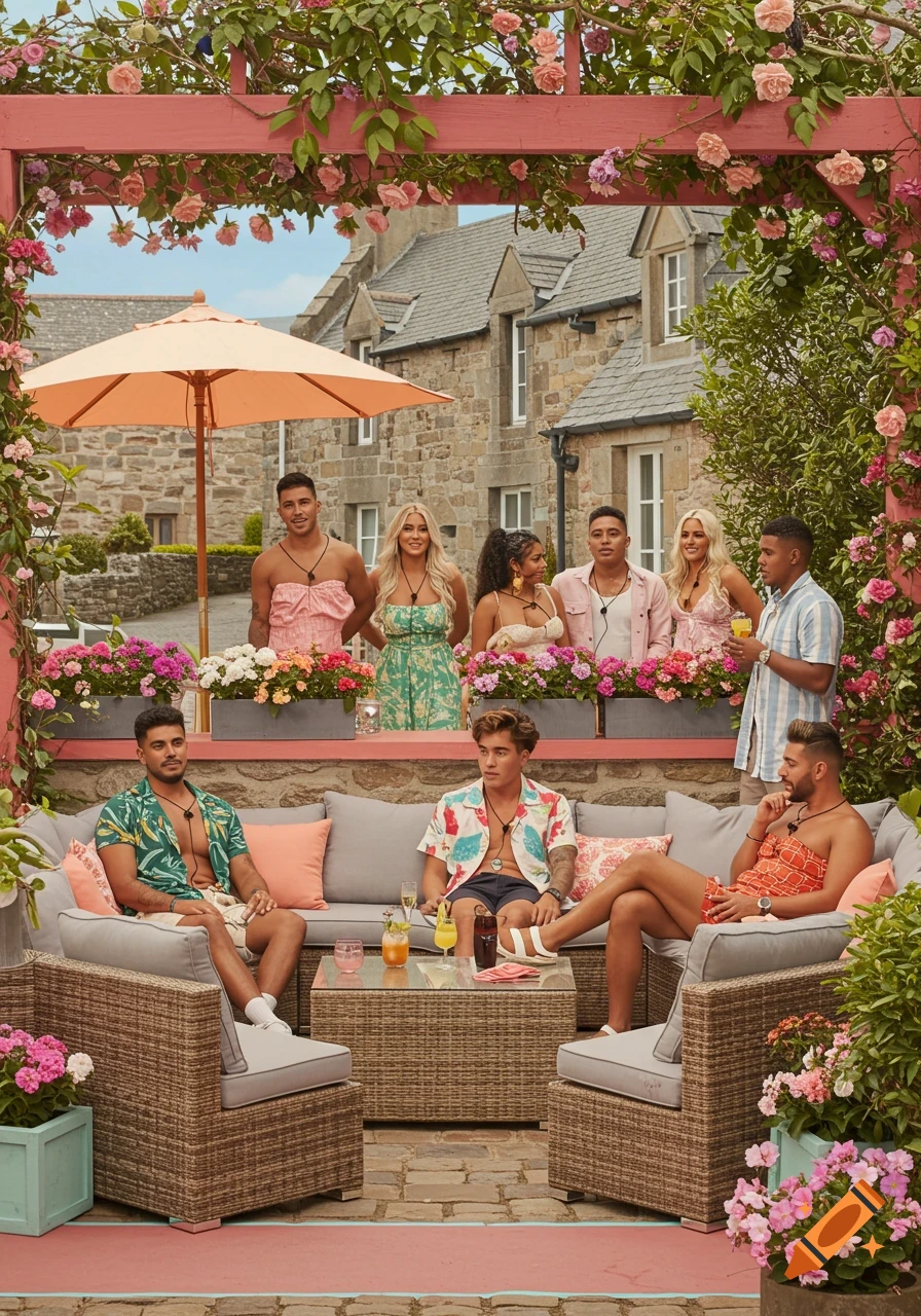 A group of young adults socializing outdoors in a sunny courtyard