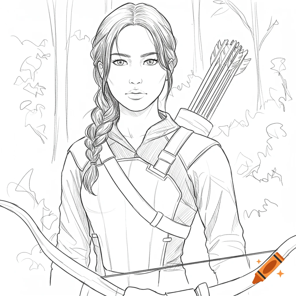 Sketch of a woman with a braid holding a bow, with a quiver of arrows on her back.