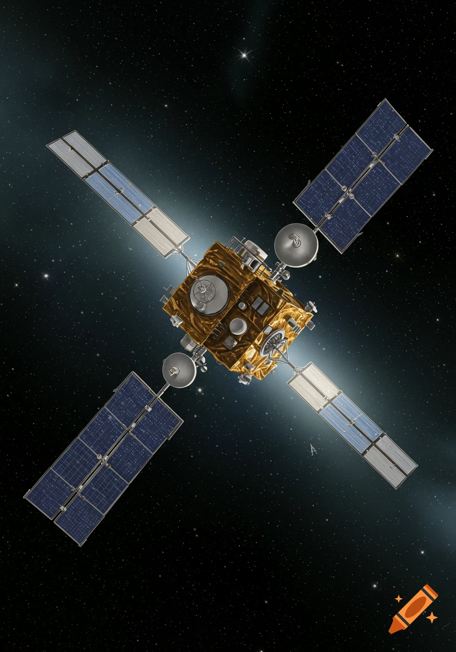 A satellite with solar panels in deep space among stars.