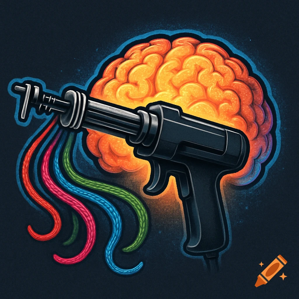 A black tufting gun with colorful yarn threads coming out of it, in front of a glowing brain, styled as a vibrant logo design.
