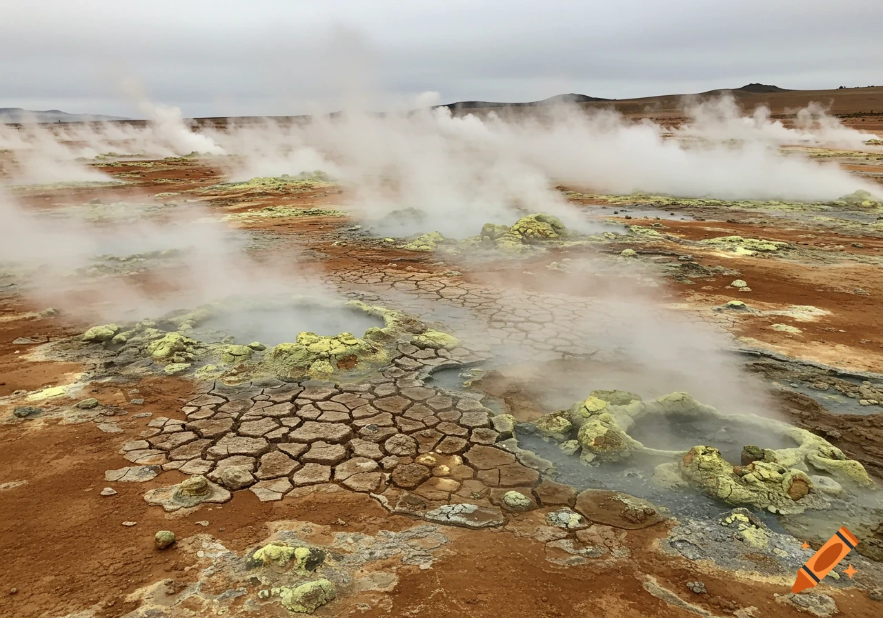 Cracked brown earth with steaming thermal pools and yellowish mineral deposits under a cloudy sky.