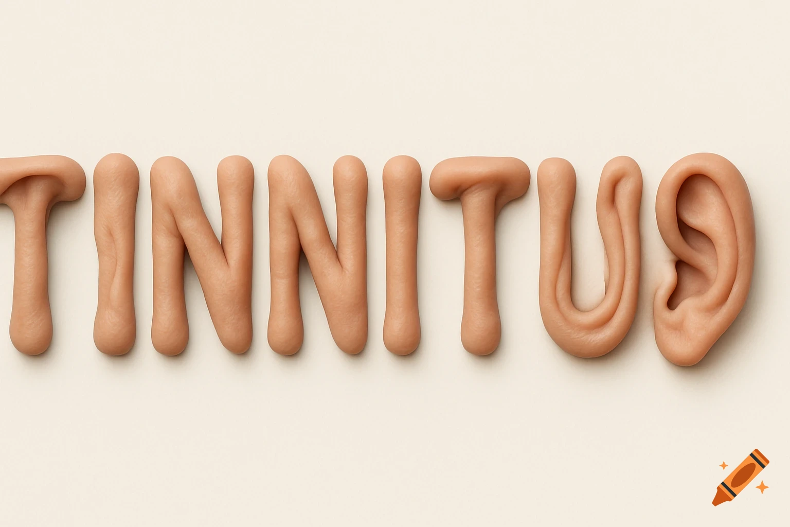 The word TINNITUS spelled out using photo-realistic shapes resembling human skin and ears.