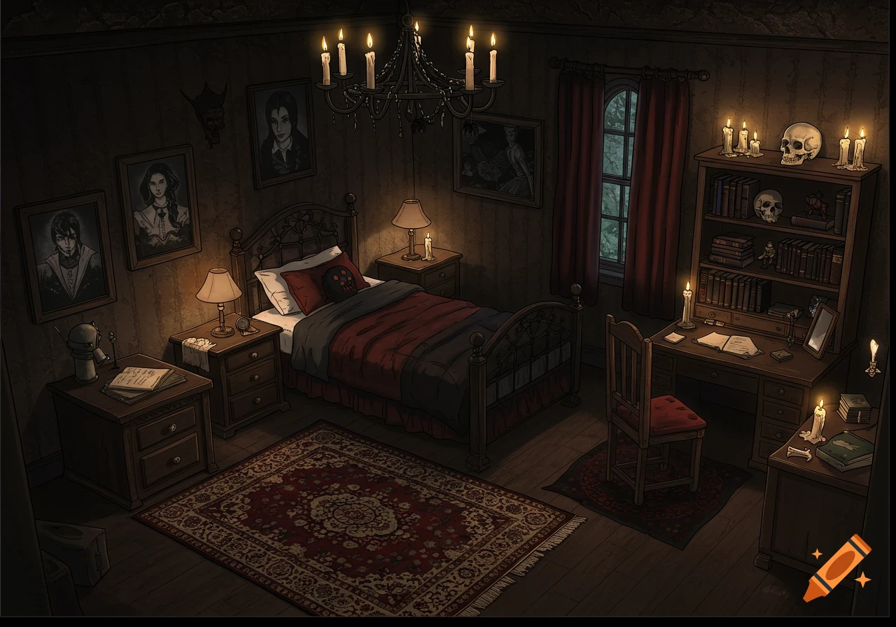 A dark, gothic bedroom at night lit by candles, with a bed, desk, bookshelf, skulls, and portraits.