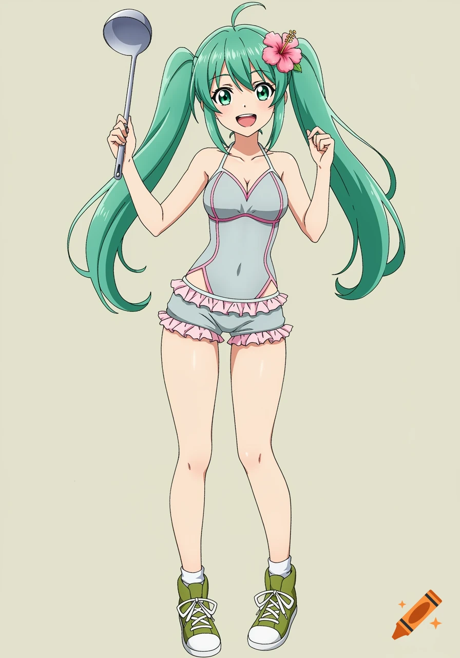Anime illustration of green-haired girl in swimsuit and shorts holding a ladle.