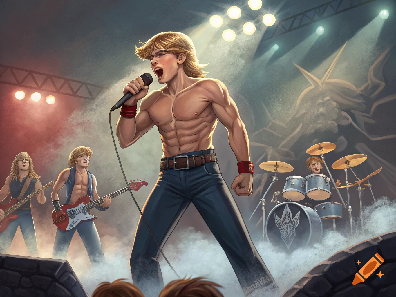 Muscular man singing shirtless with a heavy metal band on stage.