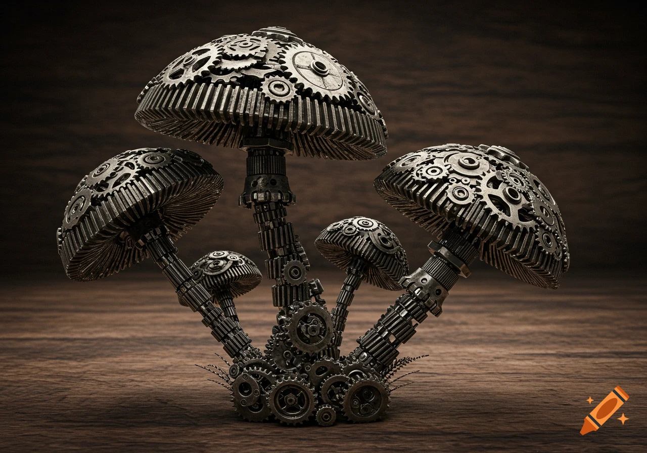 Still life of mushrooms made of metal gears and mechanical parts on a wooden background.