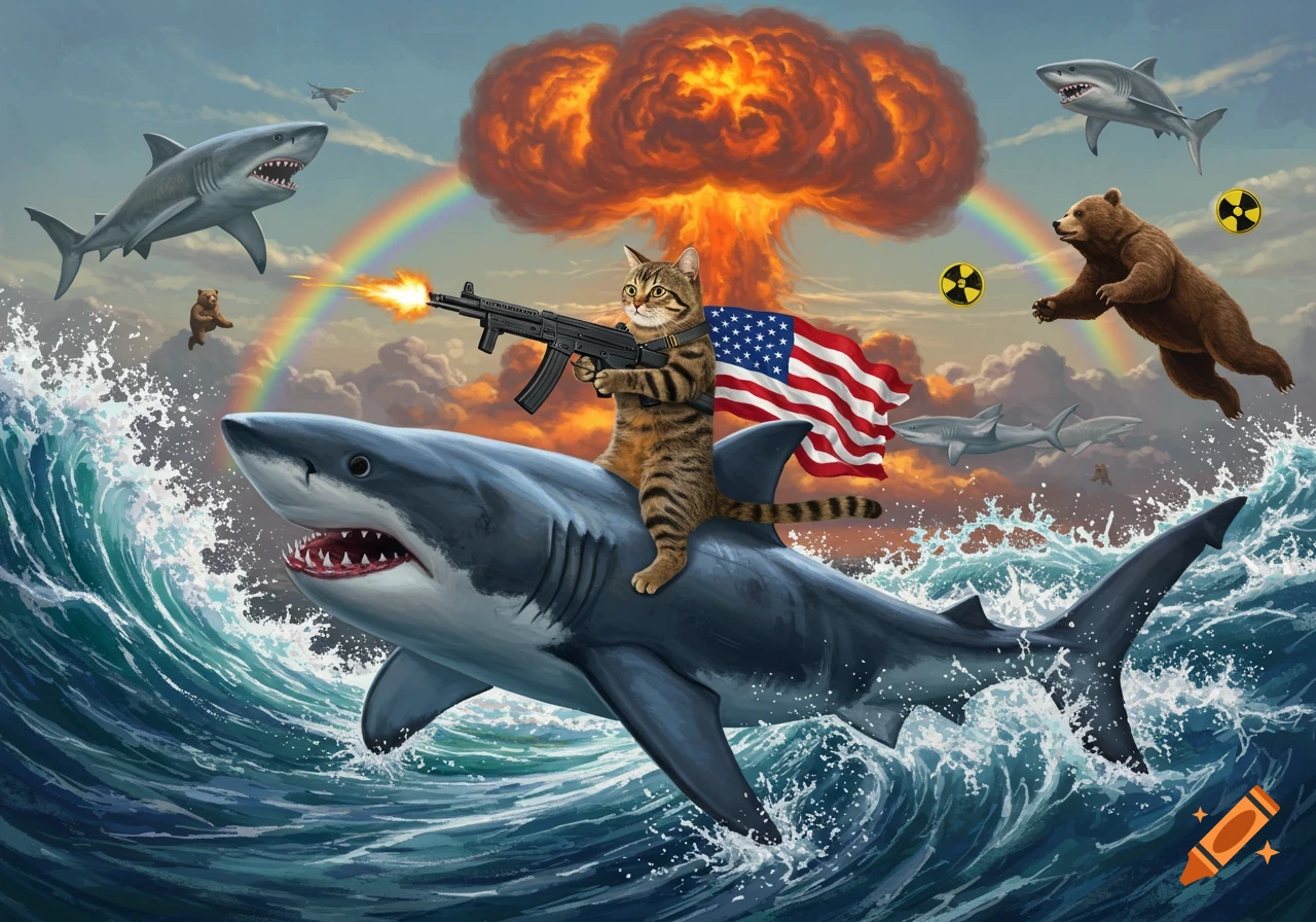 Cat riding a shark with a gun, American flag cape, rainbow, bears, sharks, and nuclear explosion.