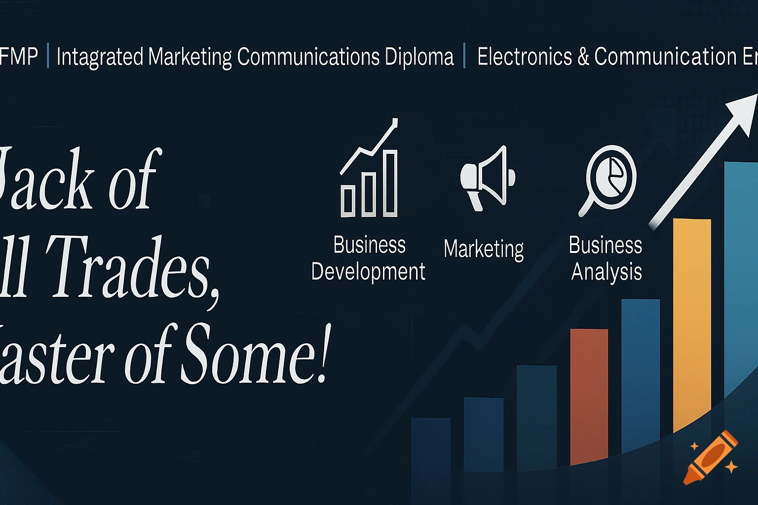 Professional graphic banner with text and business icons on a dark background.