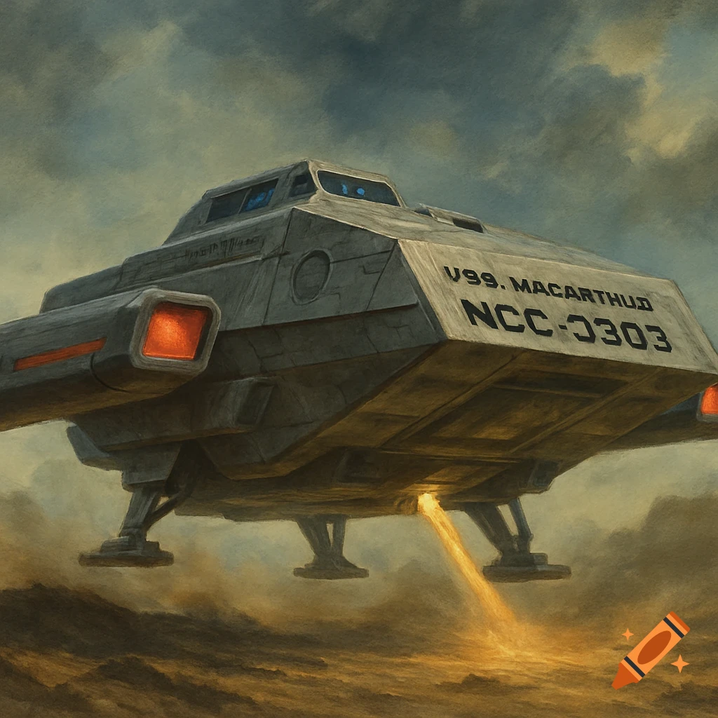 A blocky grey spaceship named USS MacArthur lands on a dusty alien world in a painterly style.