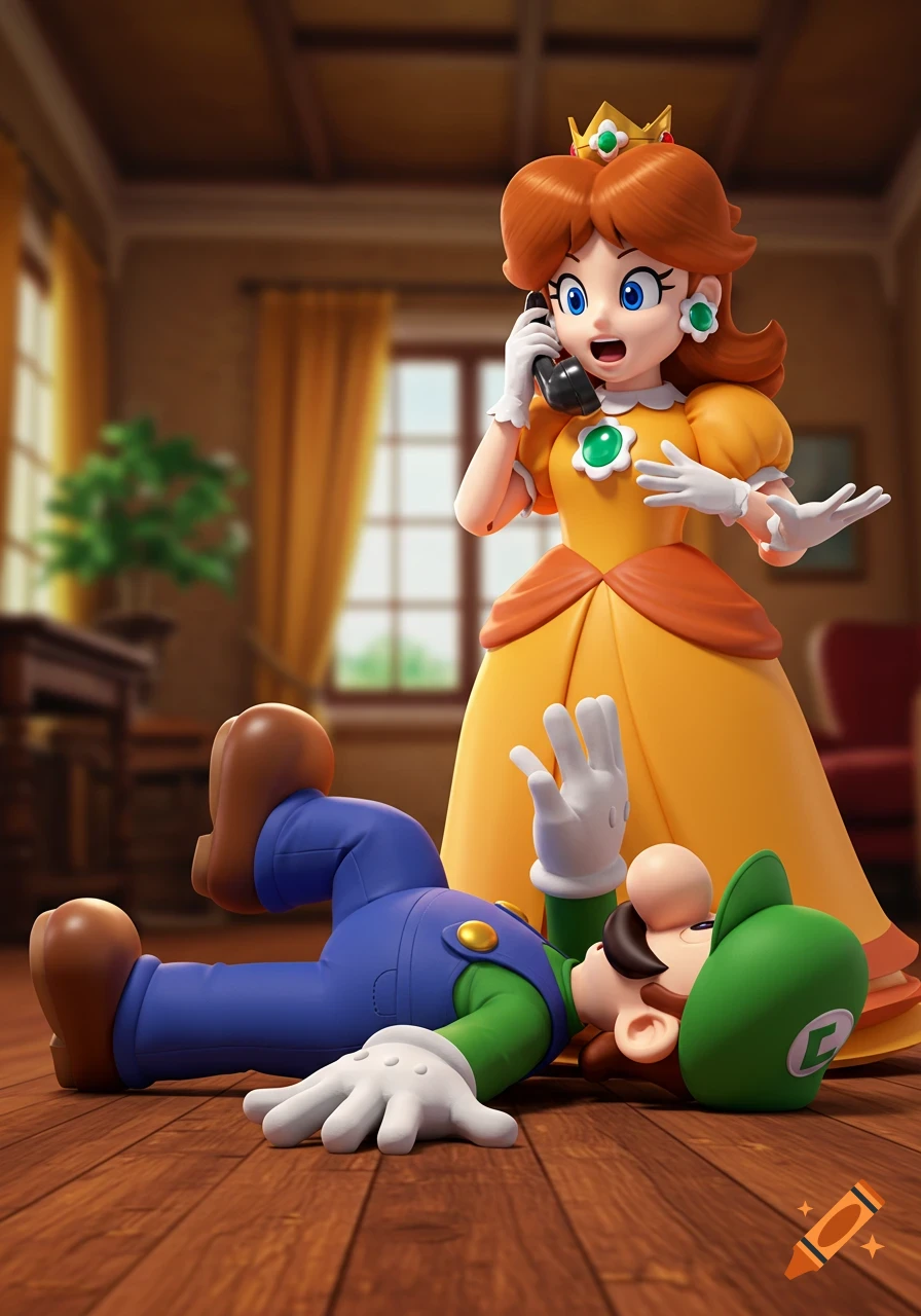 Princess Daisy talks on a phone while Luigi lies on the floor in a room, 3D render.
