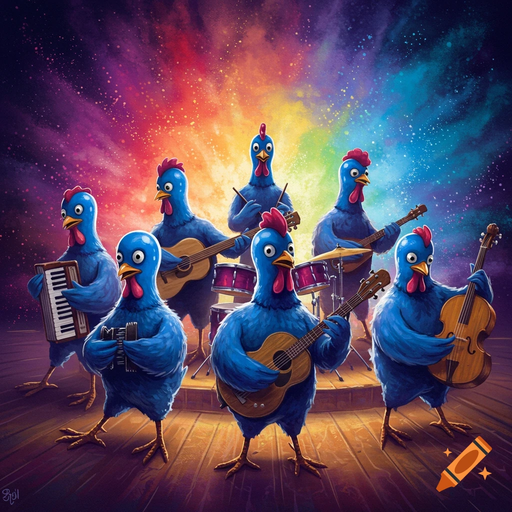 A band of blue chickens plays musical instruments on a stage with a colorful starburst background.