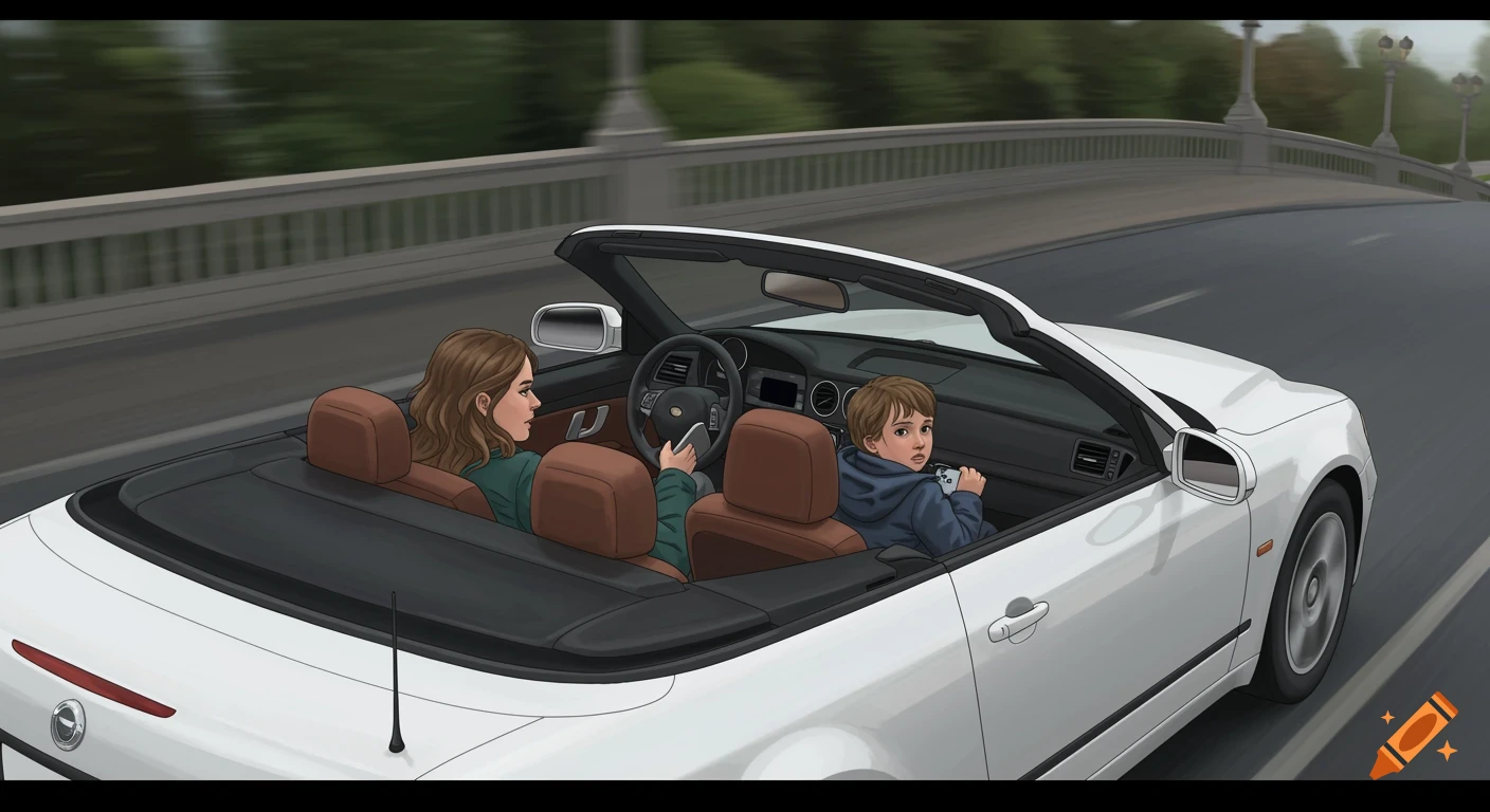 Illustration of a woman driving a white convertible with children passengers.