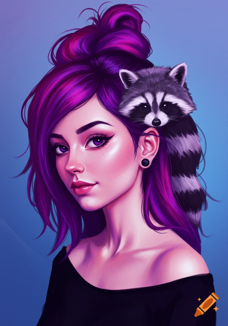 Illustration of a woman with purple hair and a raccoon on her shoulder
