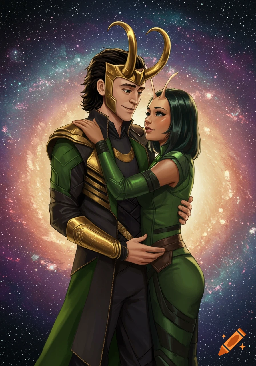 Loki and Mantis embrace in front of a vibrant galaxy background in a digital painting style.