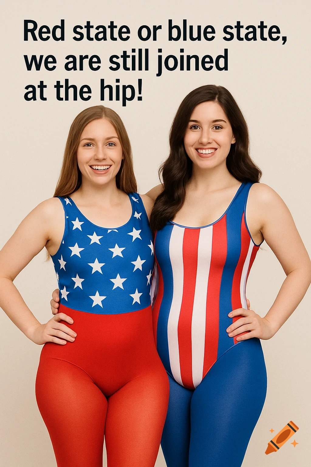 Two women fused at the hip wear patriotic USA leotards and tights with overlay text about red/blue states.