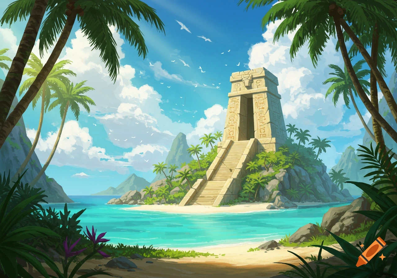 A digital painting of a tropical island with palm trees, clear blue water, and an ancient stone temple on a hill under a bright sky with clouds.