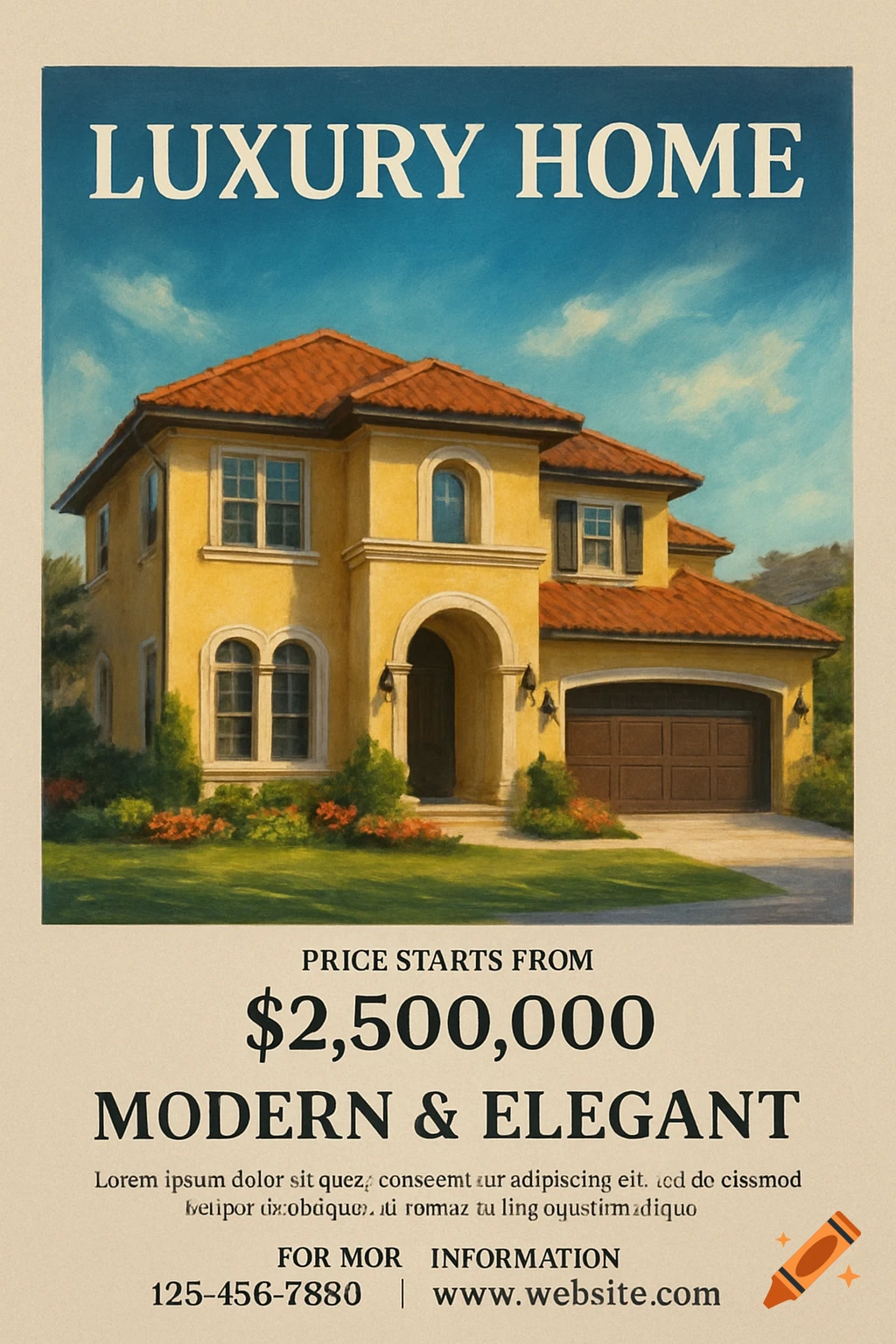Painting of a yellow luxury house with a red tile roof, lawn, and garden. Text overlay advertises the property.