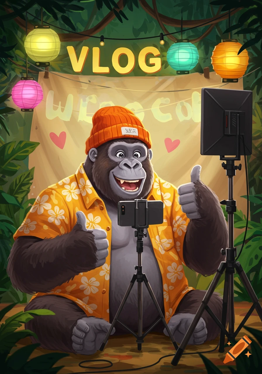 Cartoon gorilla in jungle setting wearing hat and shirt, filming vlog on phone tripod, giving thumbs up with "VLOG" banner