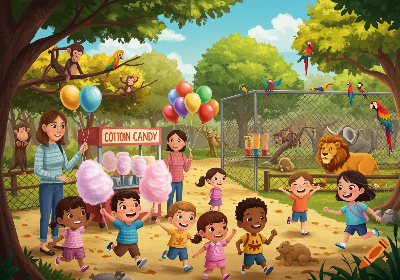 Illustrated scene of children and adults enjoying cotton candy and balloons at a zoo with animals.