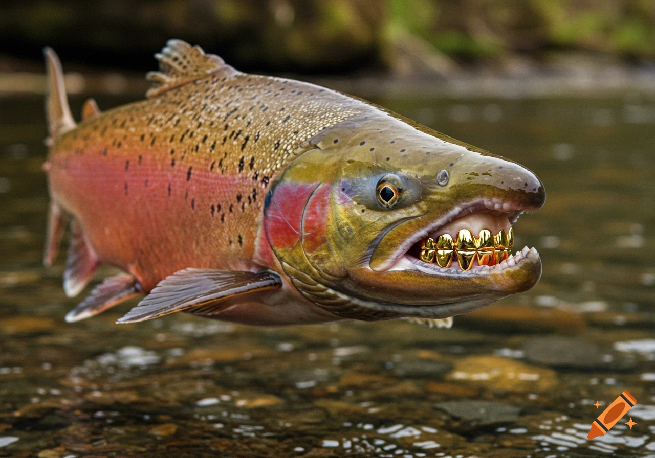 Photorealistic image of a salmon with gold teeth