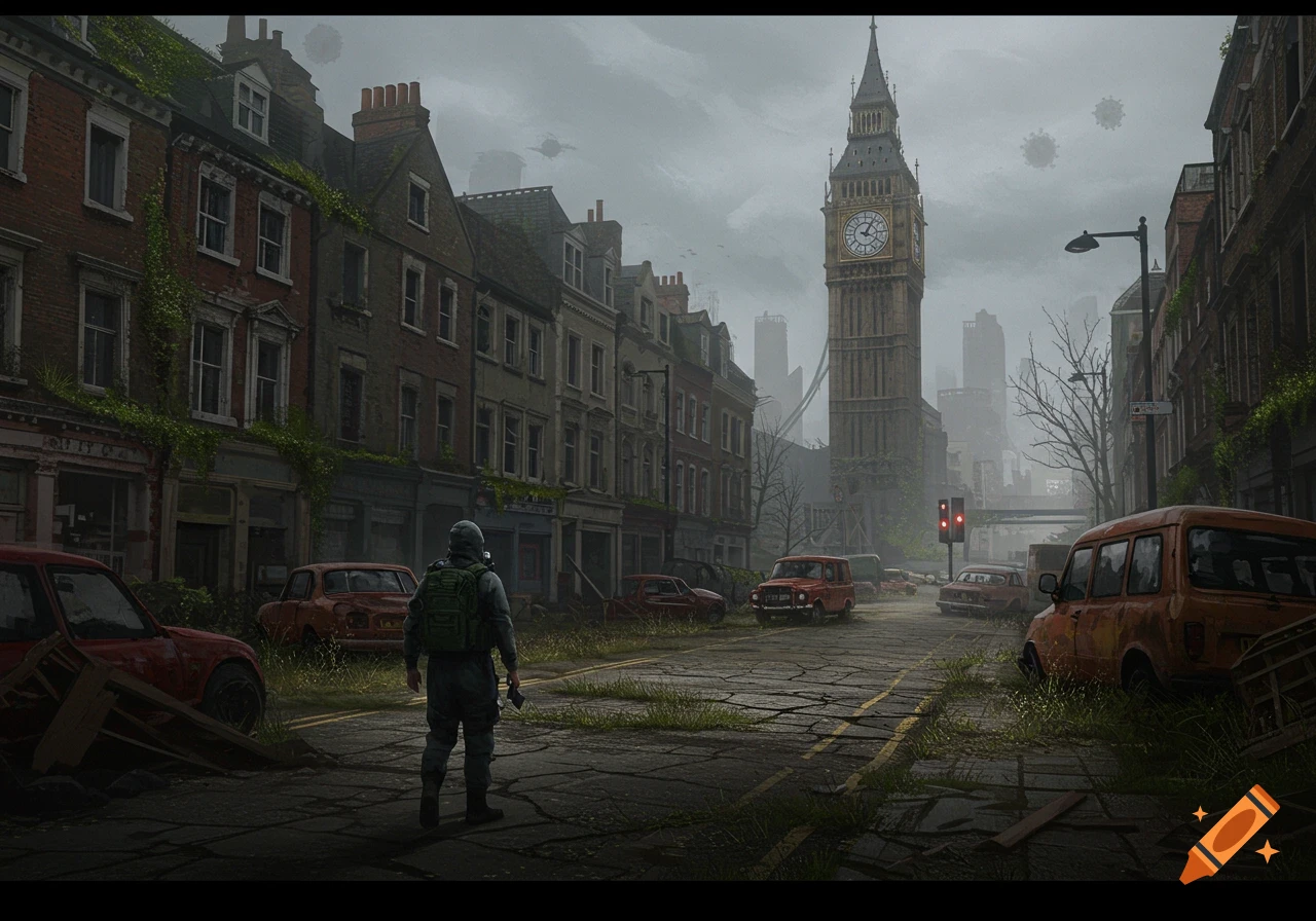 Post-apocalyptic London street with abandoned cars, overgrown plants, and Big Ben in the distance. A person in gear stands in the foreground.