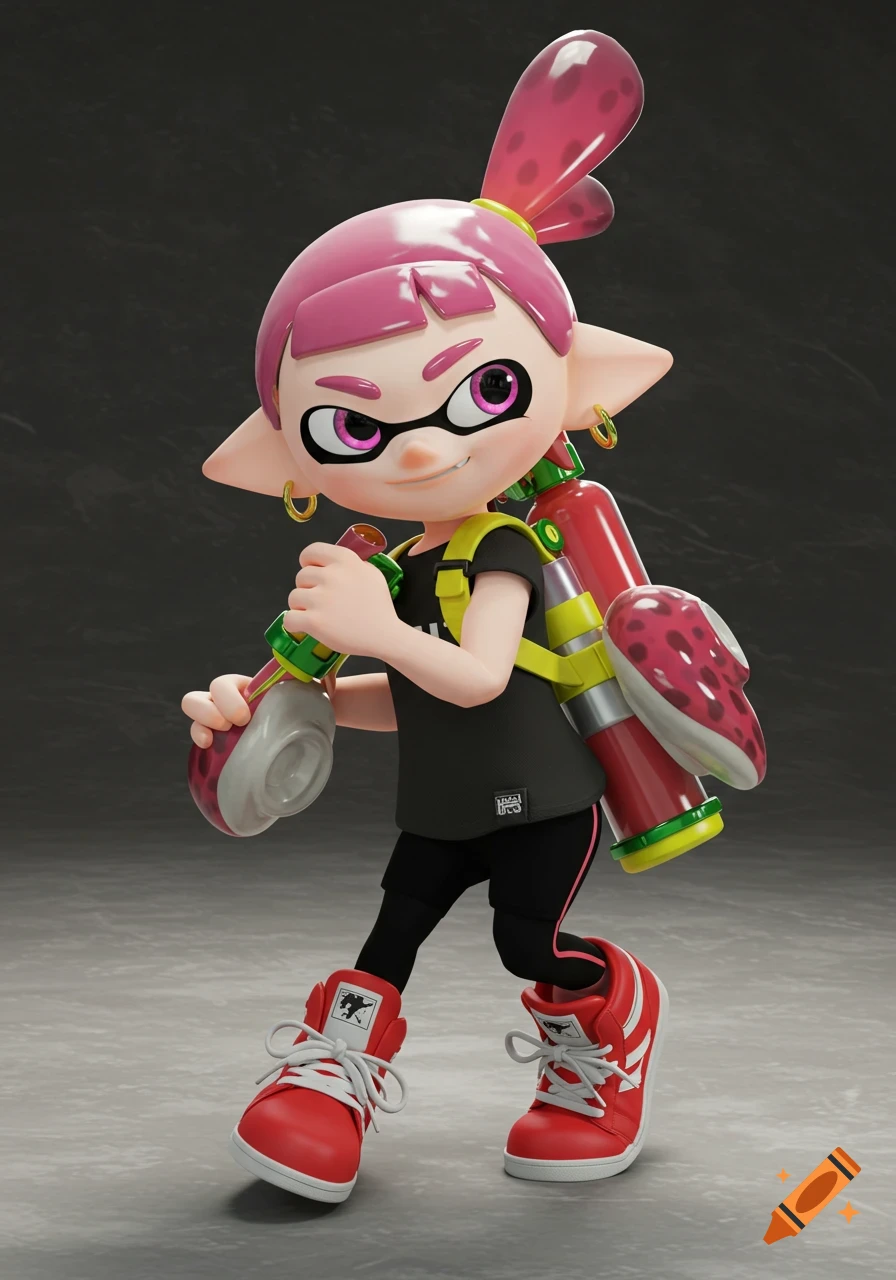 A 3D render of a pink-haired Splatoon Inkling character with a black shirt, red shoes, and ink tank.