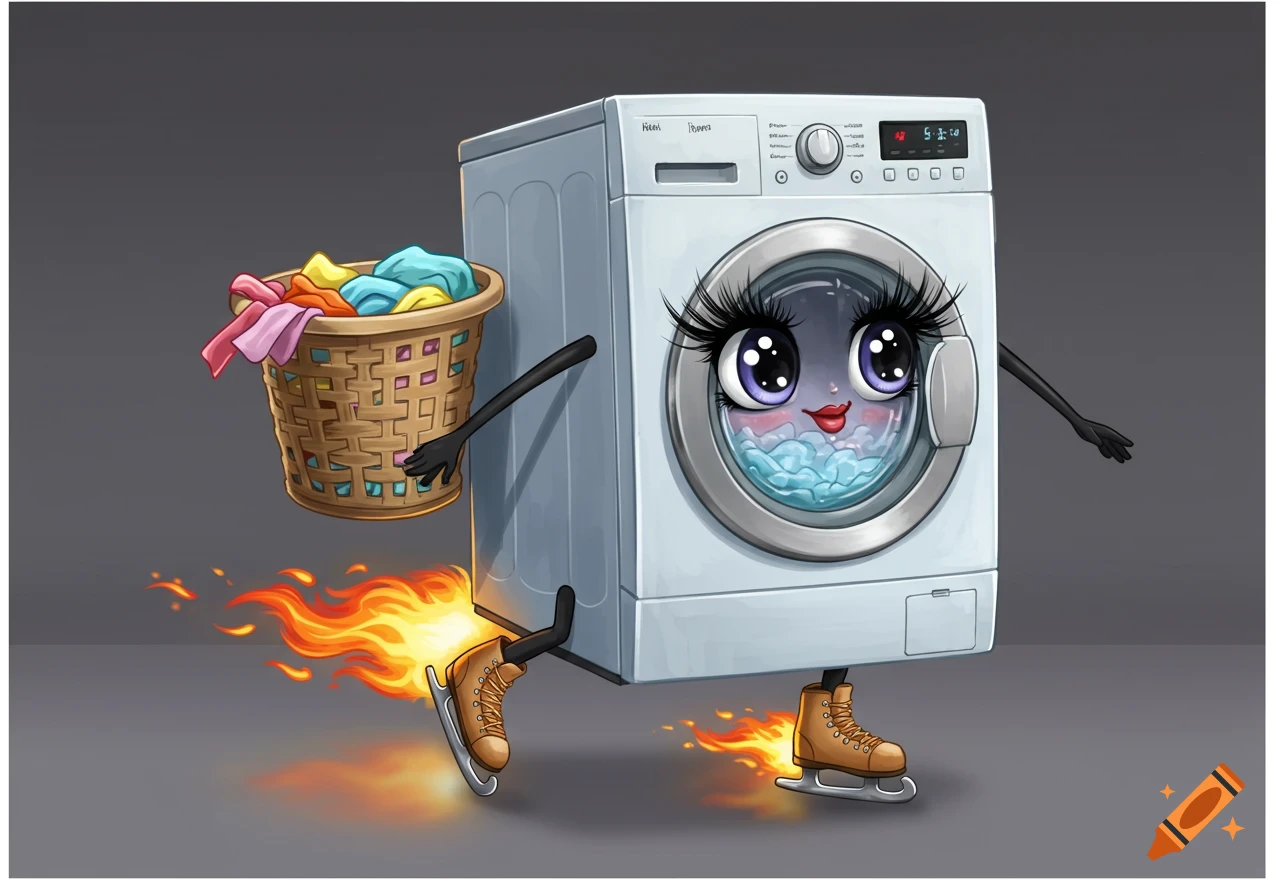 Cartoon washing machine with face, large eyes, and long lashes, wearing ice skates with fire, carrying a laundry basket.