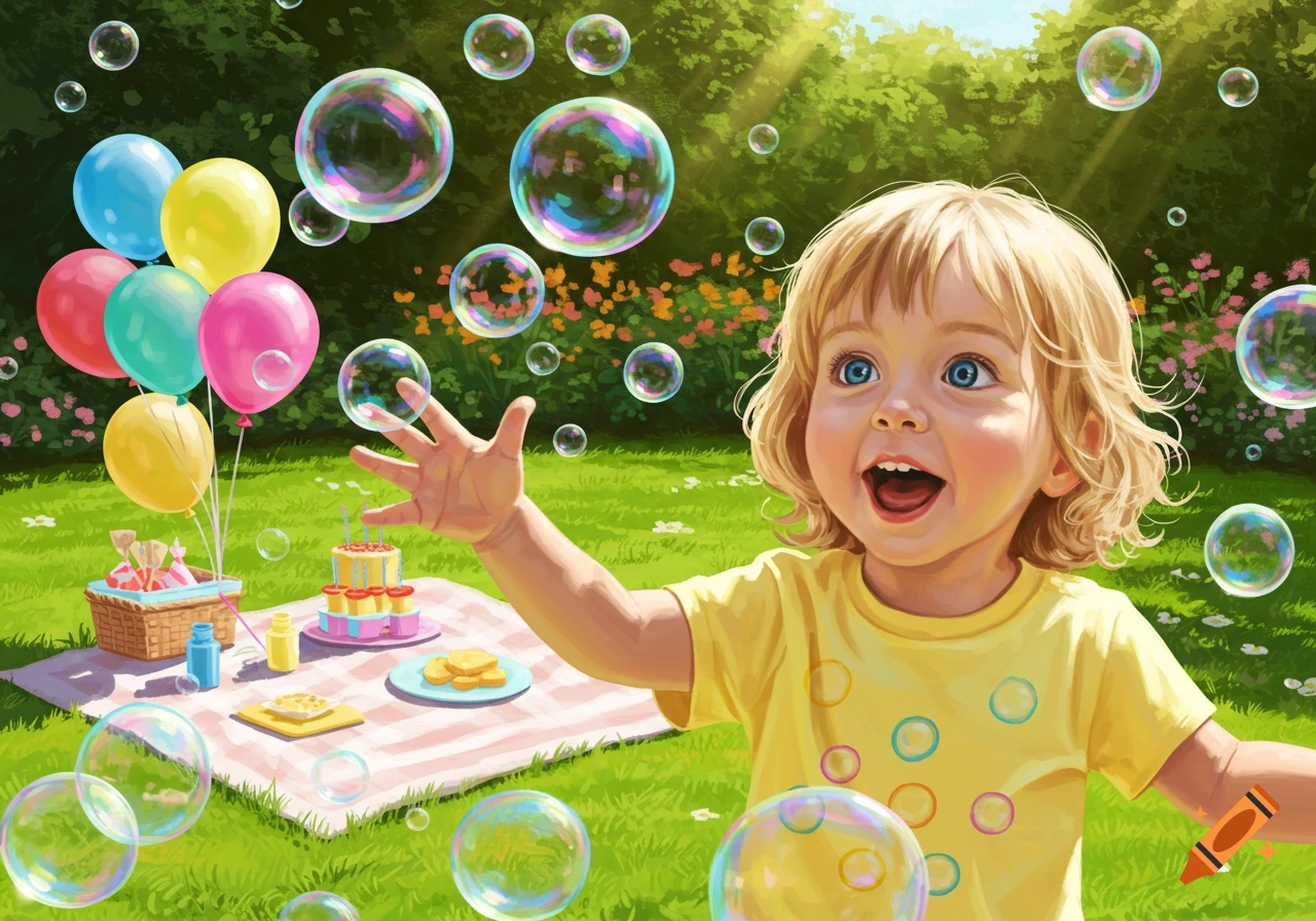 Excited child reaches for bubbles at a birthday picnic in a park.
