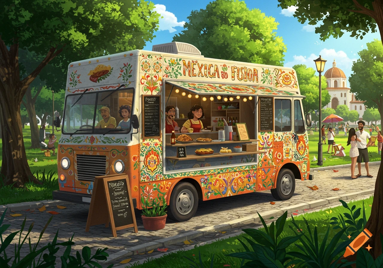A colorful food truck with people in a park.