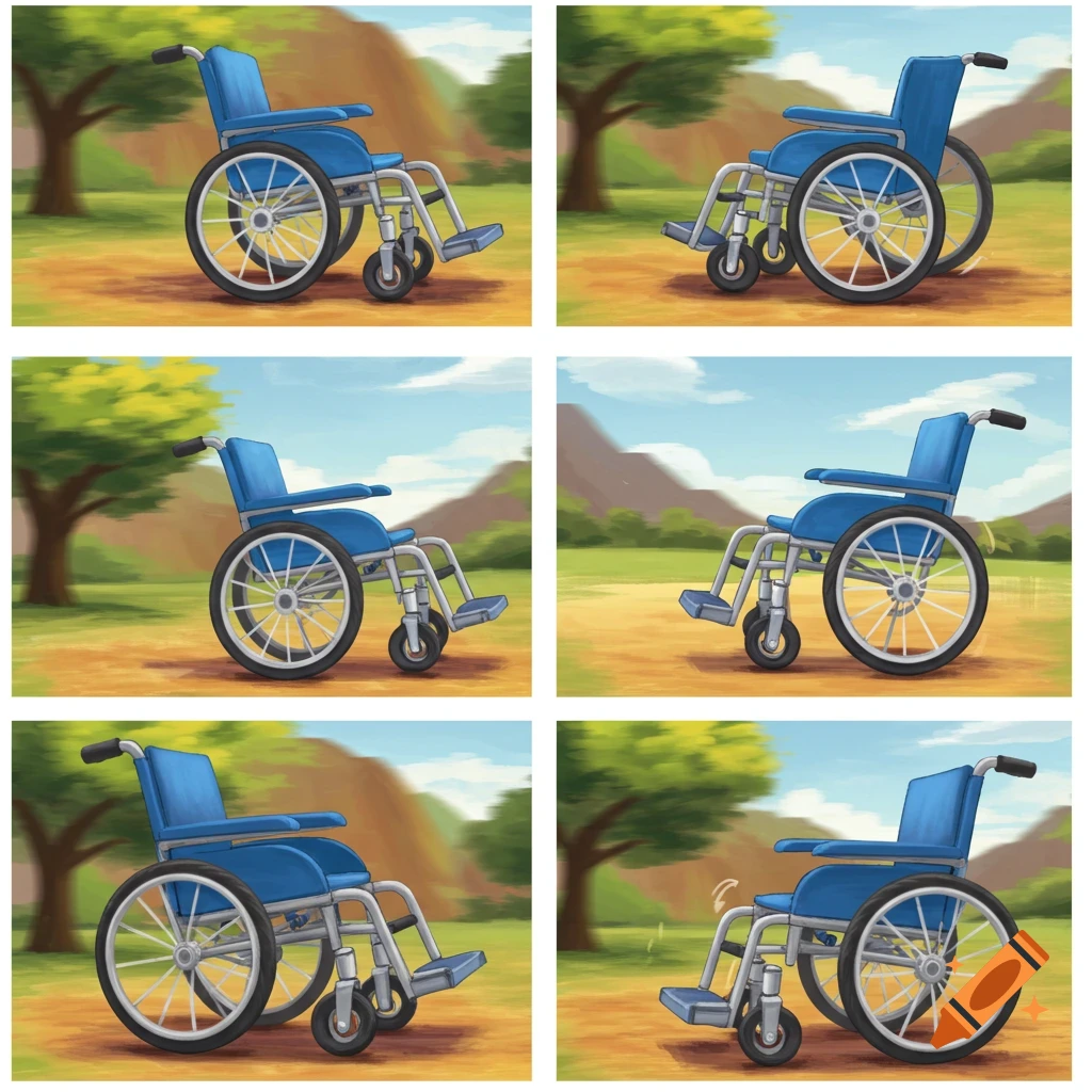 Six panels illustrating a blue wheelchair in various positions in an outdoor setting.