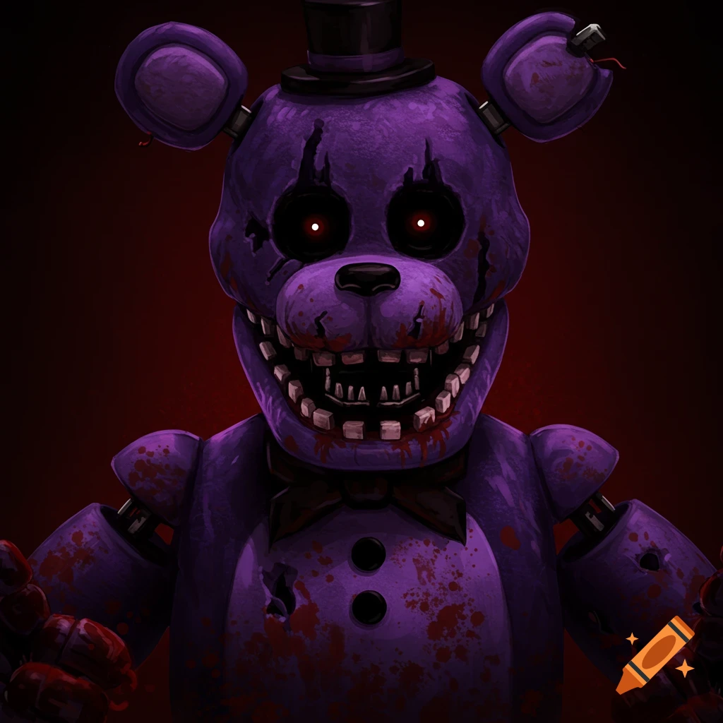 Scary purple animatronic bear with glowing red eyes, sharp teeth, and blood spatters.