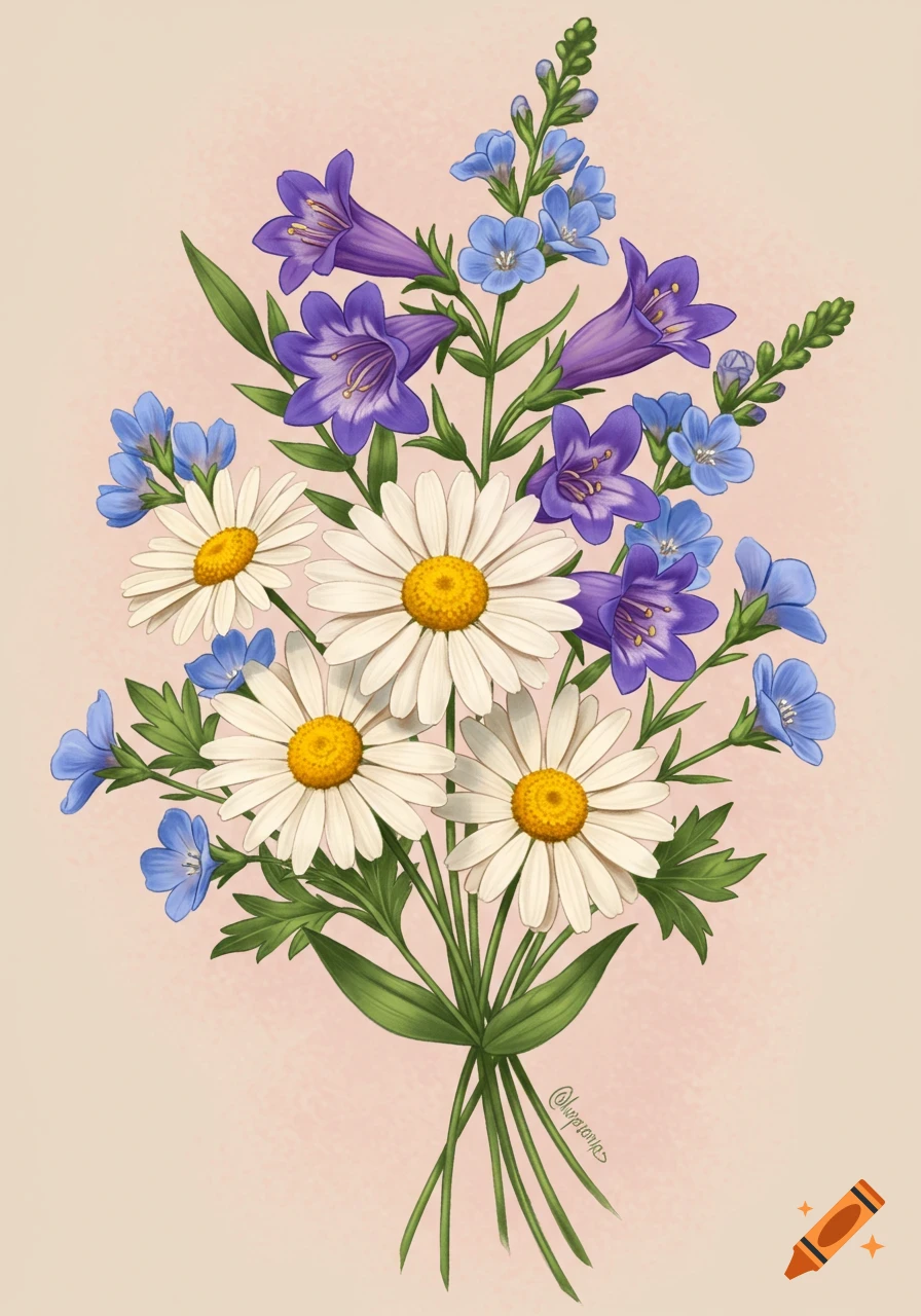 Illustration of a bouquet of white daisies, blue flowers, and purple bell-shaped flowers on a light background.