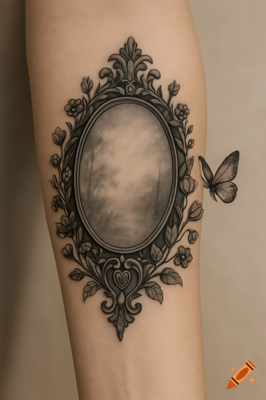 Detailed black and grey tattoo of an ornate floral frame with a butterfly on an arm.