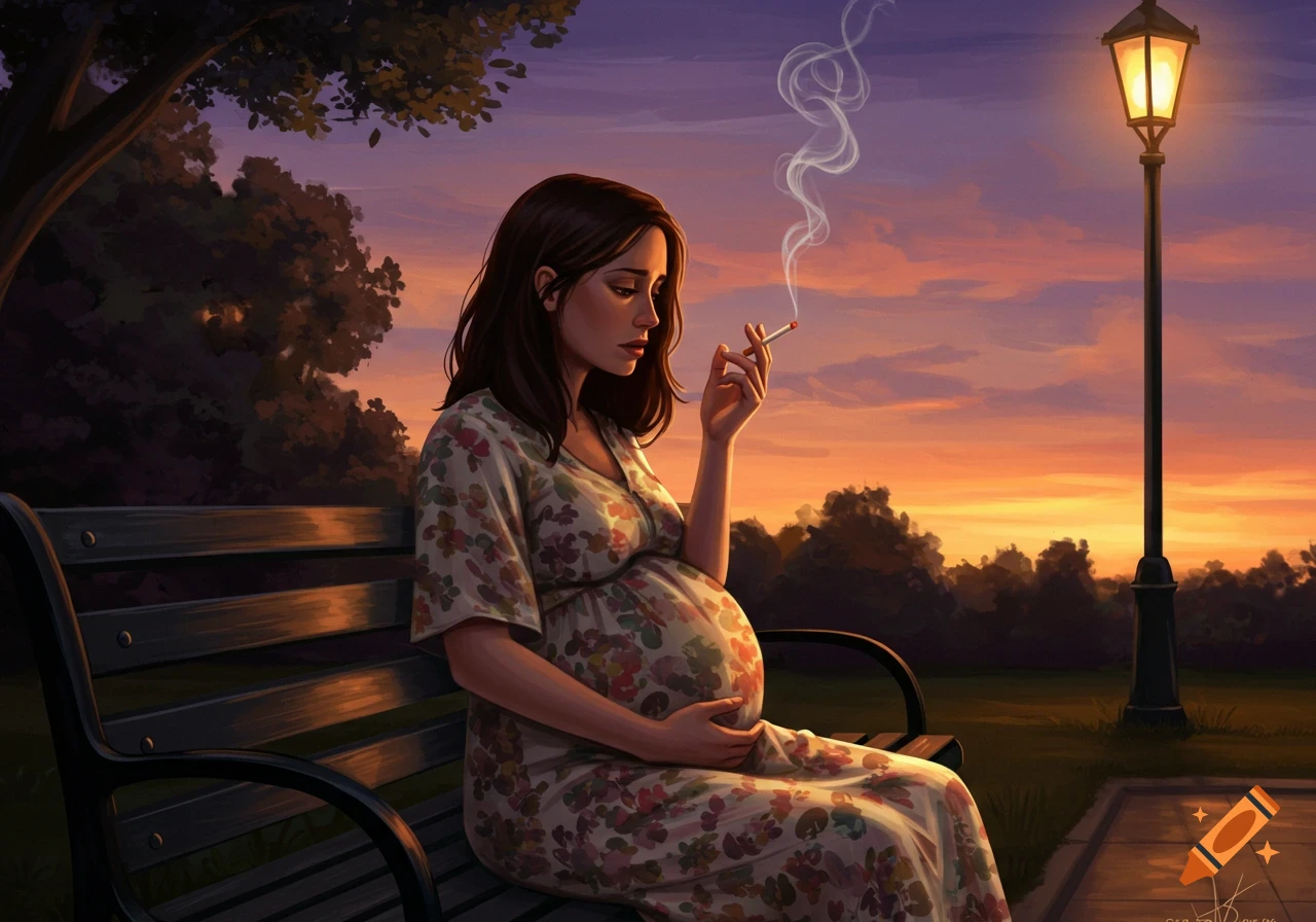 Illustration of a pregnant woman sitting on a park bench at sunset, holding a lit cigarette.