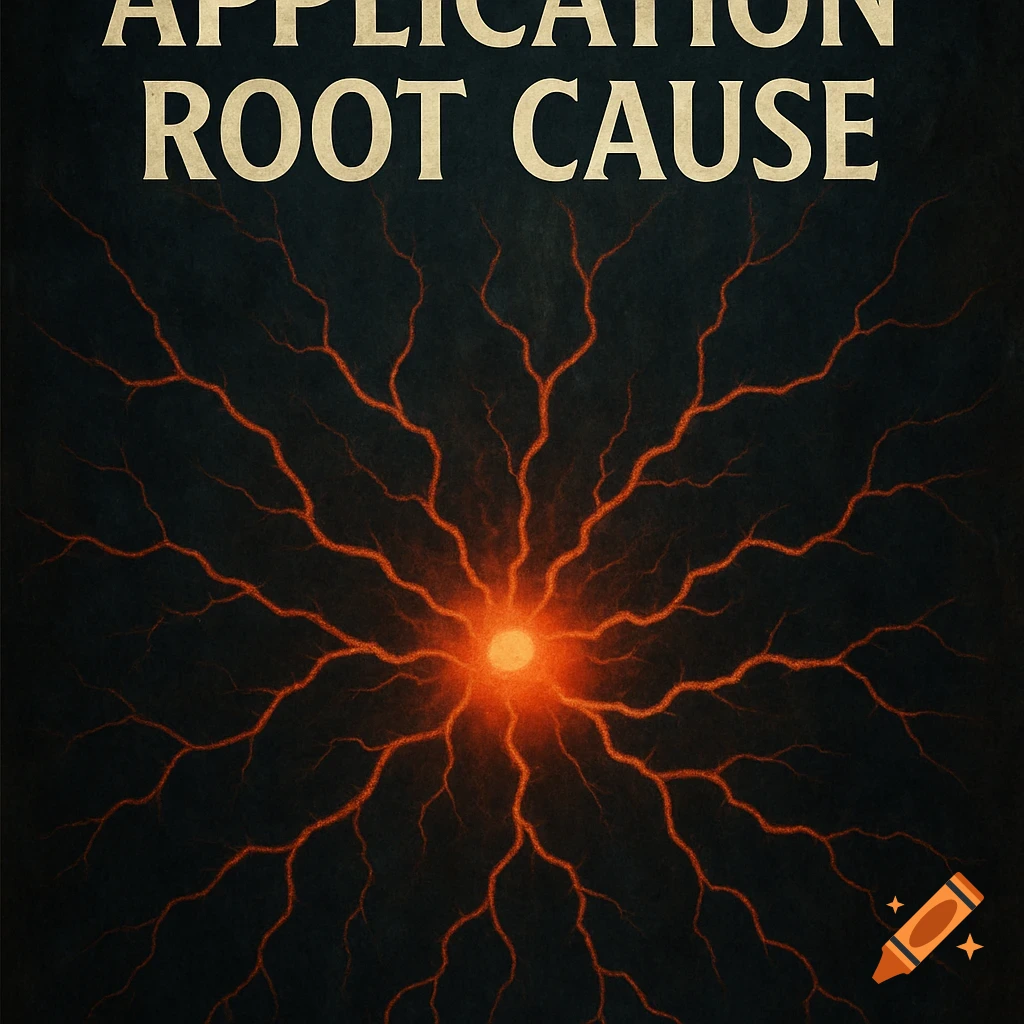 Text 'APPLICATION ROOT CAUSE' above a red glowing core with radiating root-like branches on dark background.