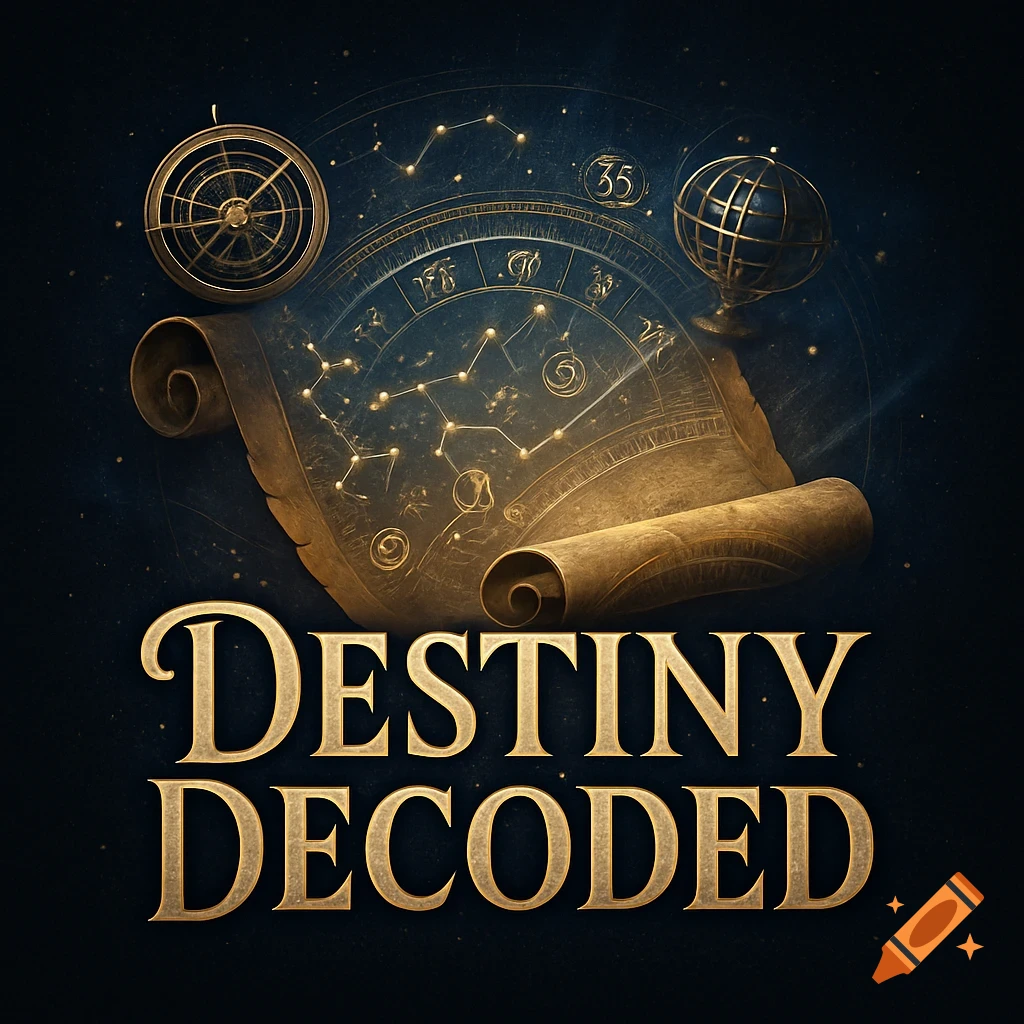 Logo with 'Destiny Decoded' text, scroll, constellations, astrolabe, and celestial sphere in a cosmic, vintage style.