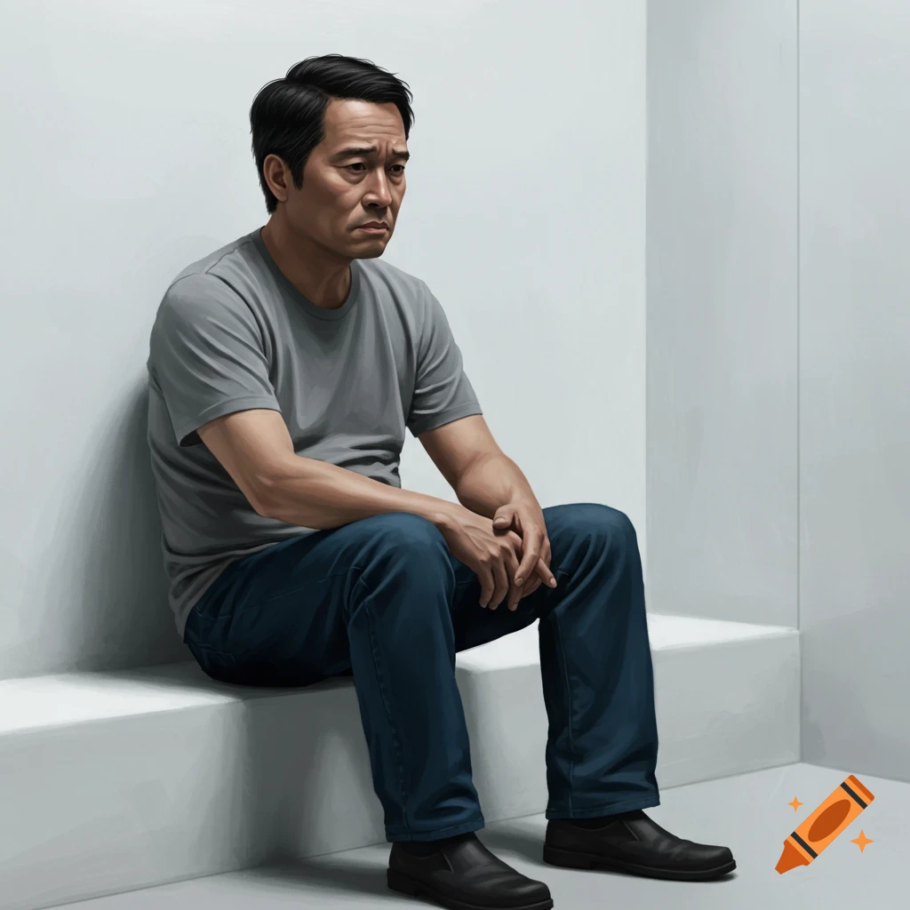 A man sits alone looking sad and frustrated in a sterile room. Digital painting.
